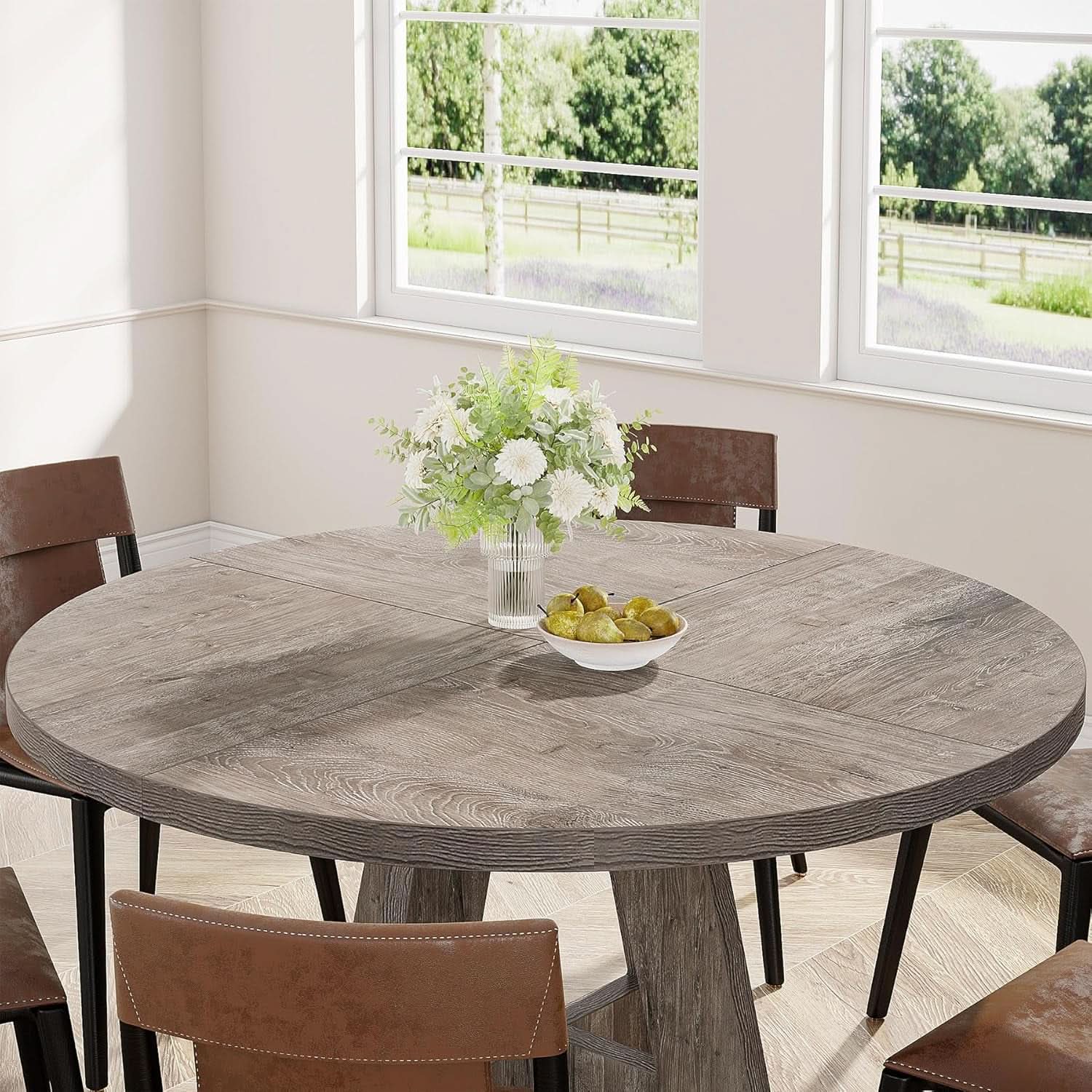 Round Dining Table 47 Inch Wood Farmhouse Grey Kitchen