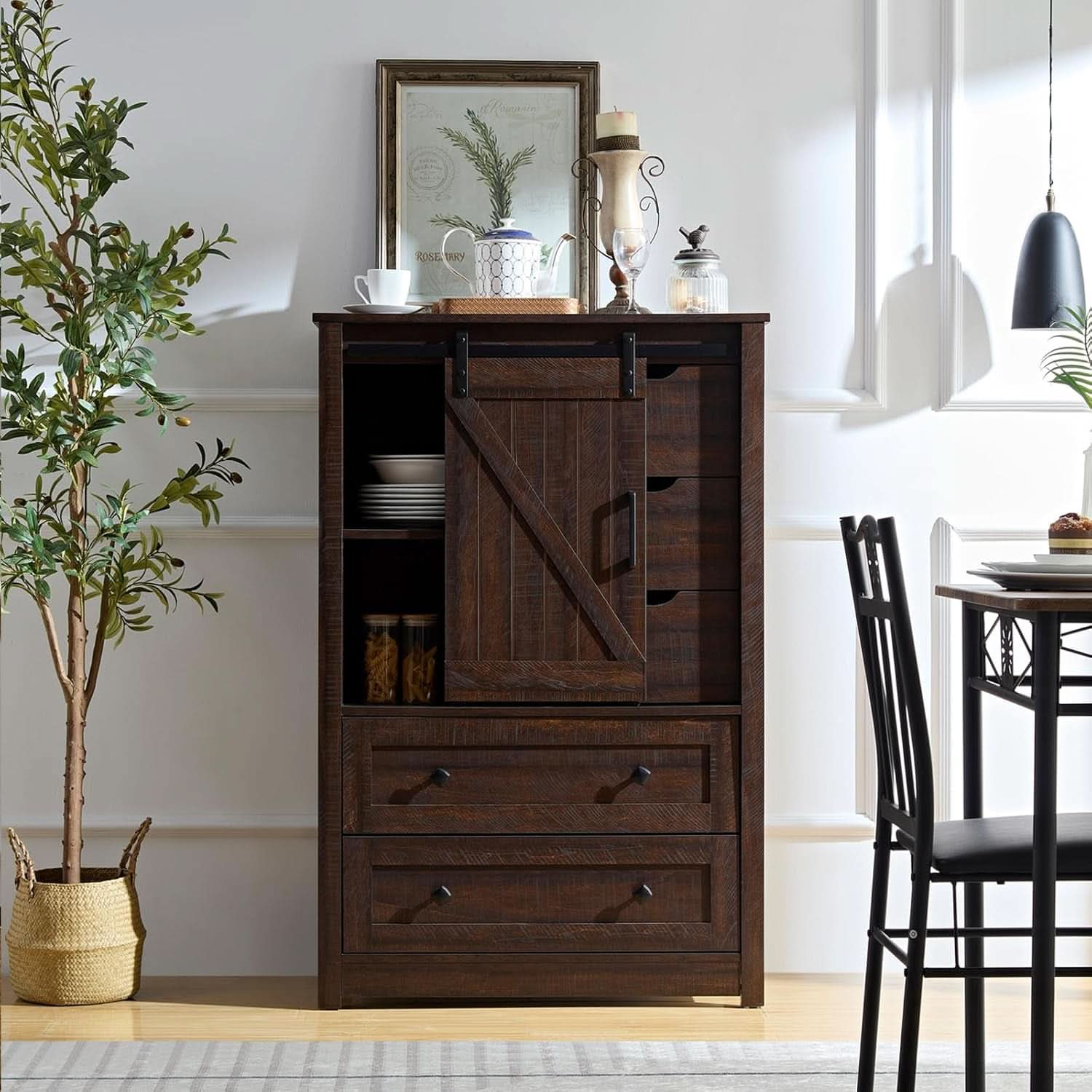 Espresso Dresser With FiveDrawers Sliding Barn Doors
