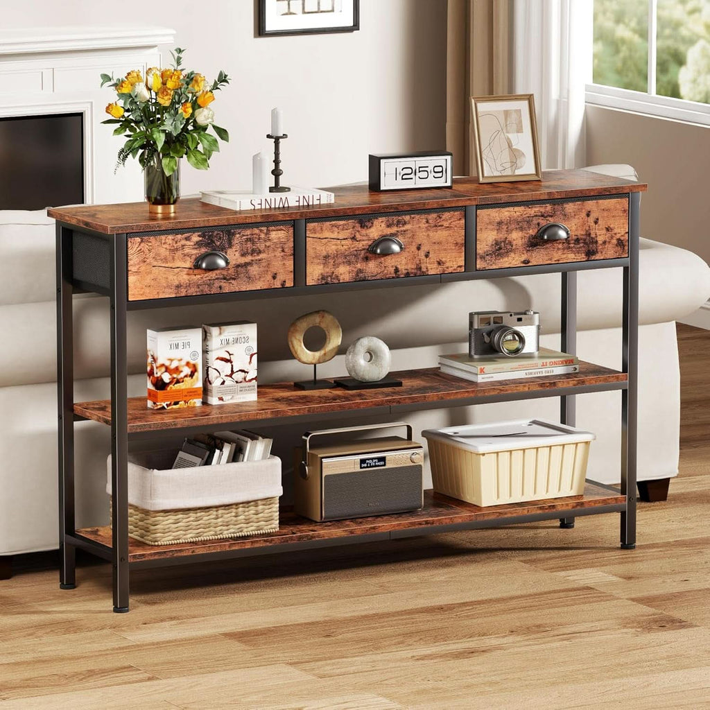 47-Inch Rustic Brown Console Table with 3 Drawers and Storage Shelves