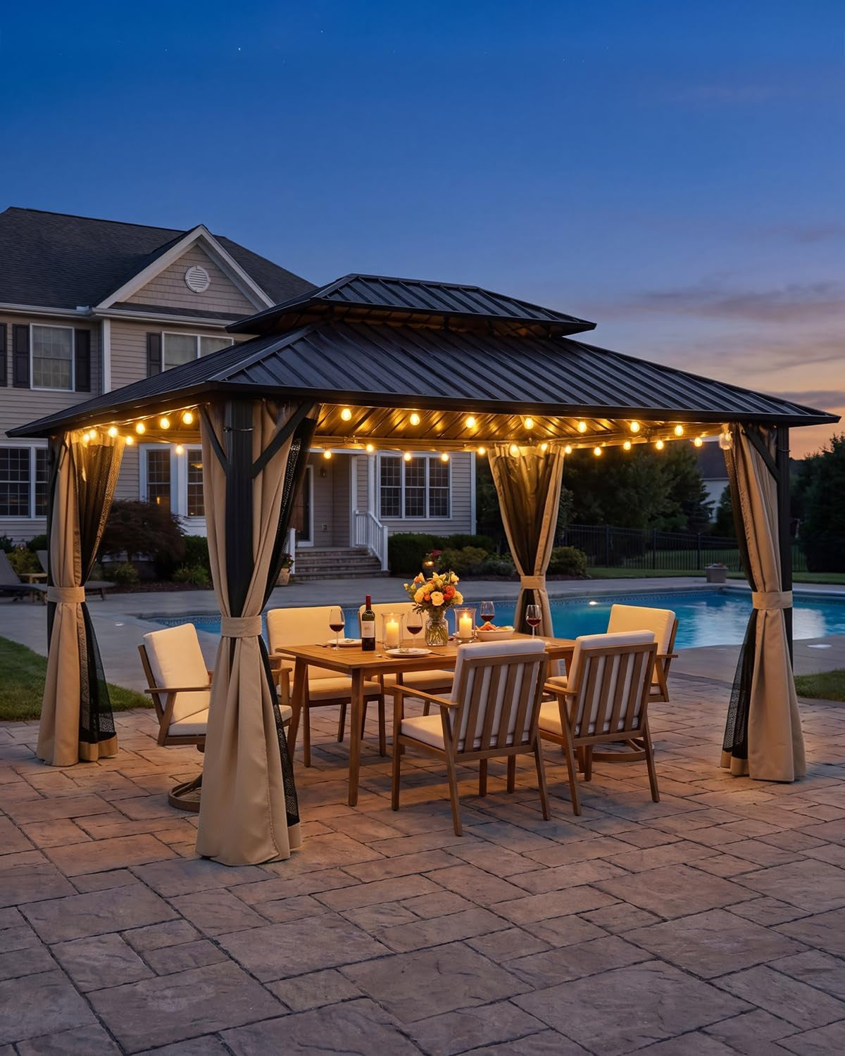 10x12 Hardtop Aluminum Gazebo With Netting Sandstone