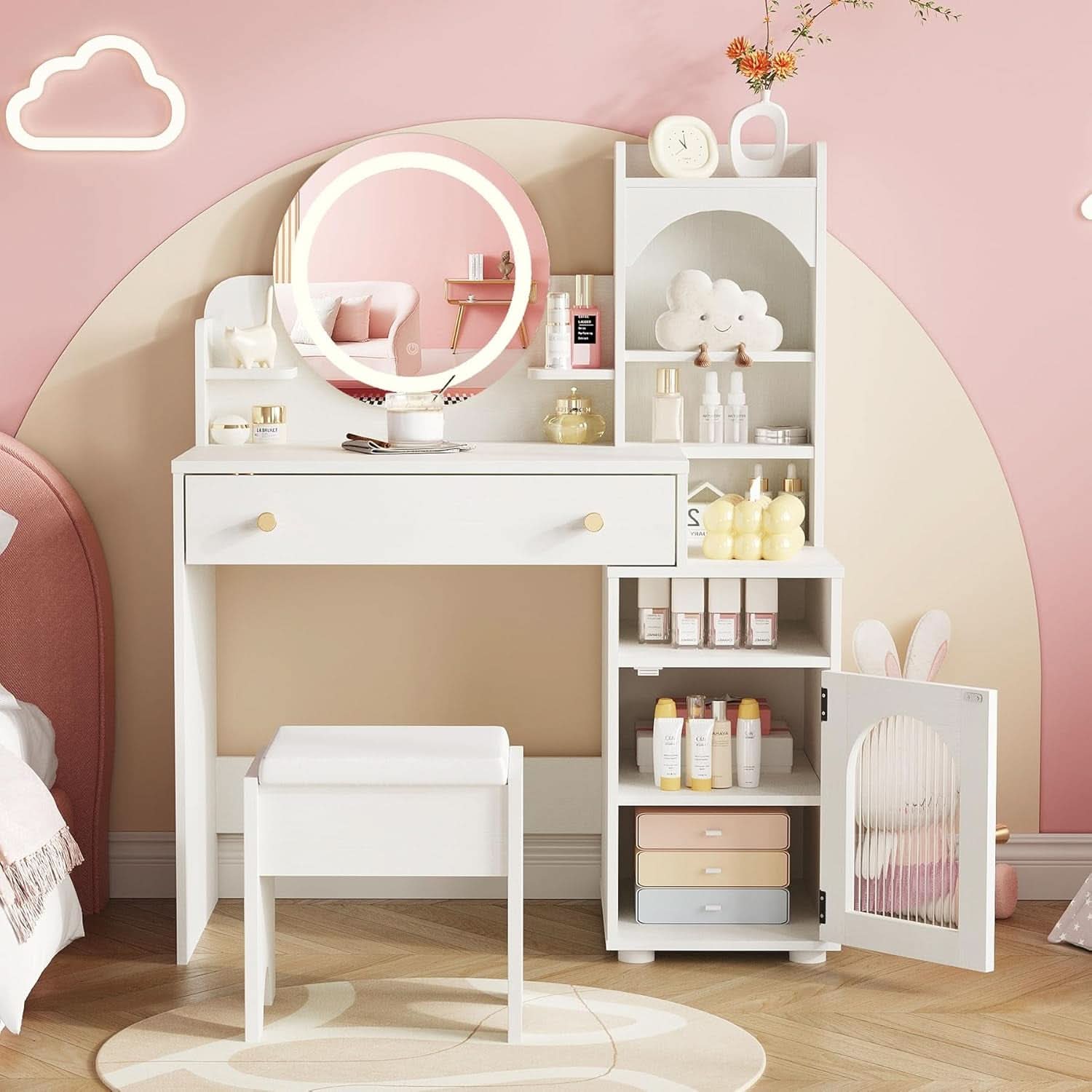 White Kids Premium Vanity Table Illuminated Mirror