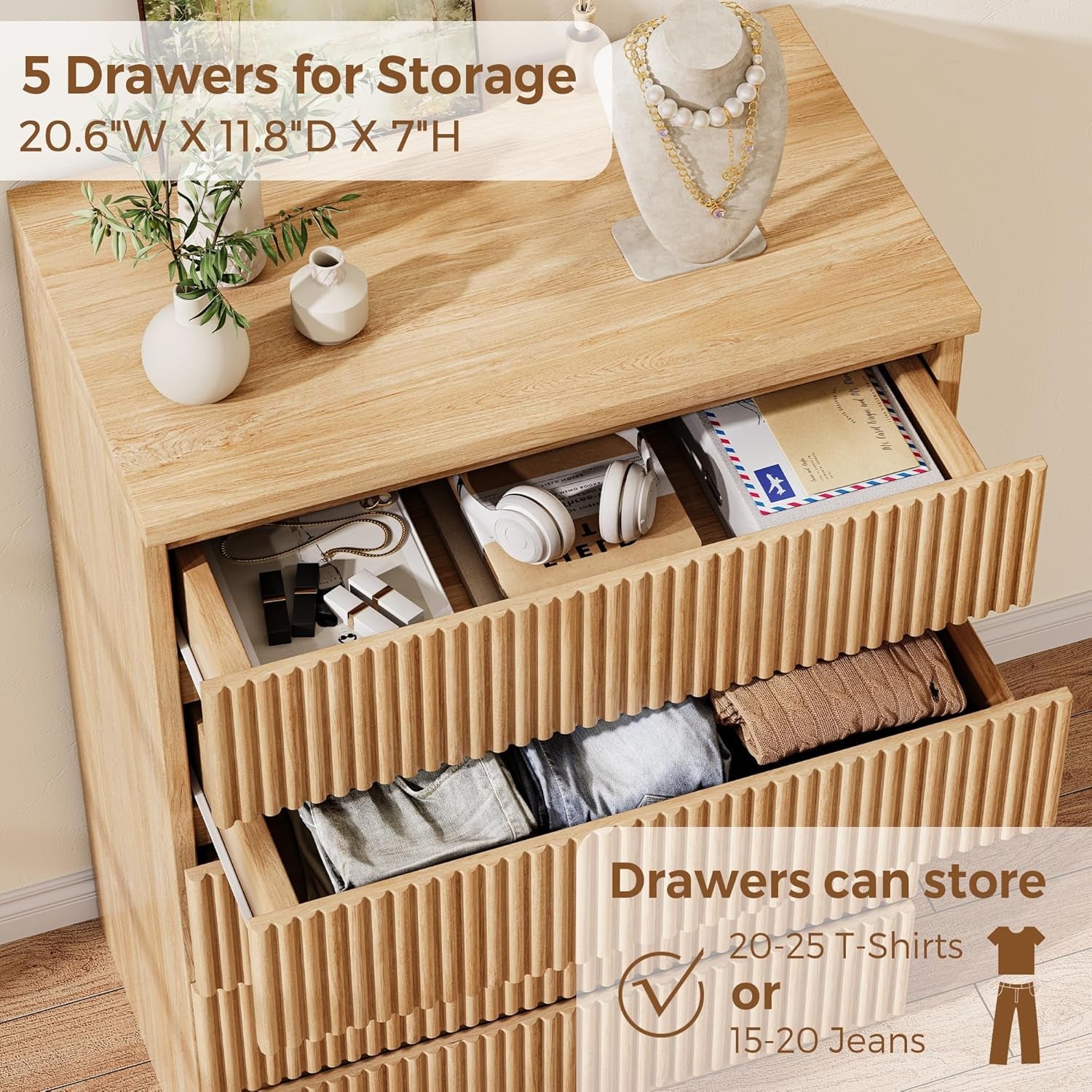 Elegant Oak Fluted Five Drawer Dresser Tall Unit Pro Series