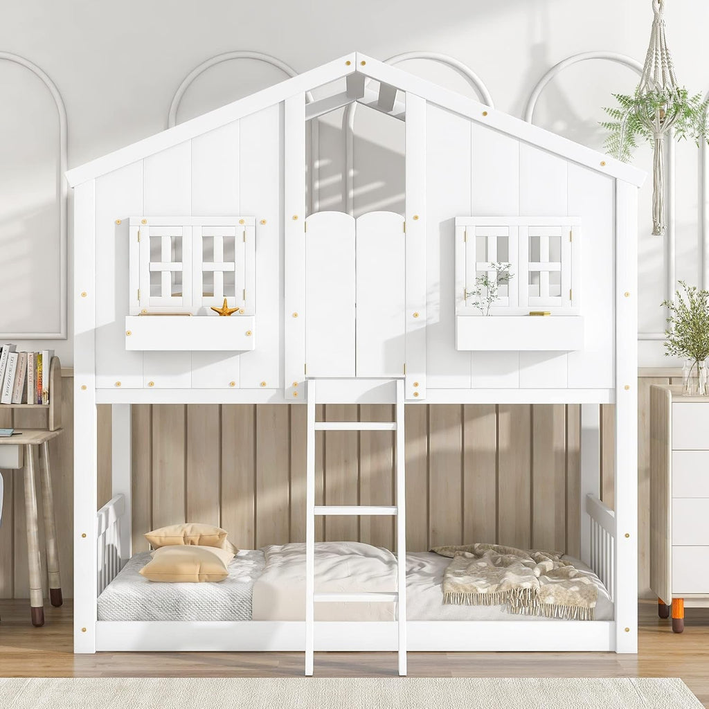 White Solid Wood Playhouse Bunk Bed Twin Over Twin With Roof Kids
