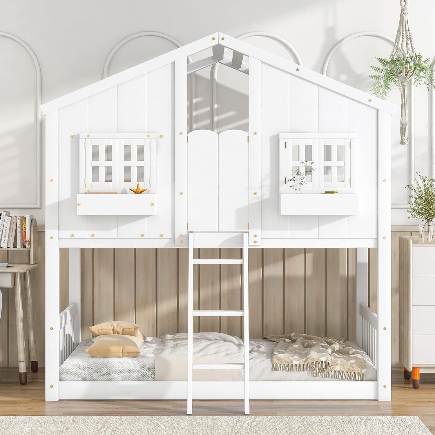 White Solid Wood Playhouse Bunk Bed Twin Over Twin With Roof Kids