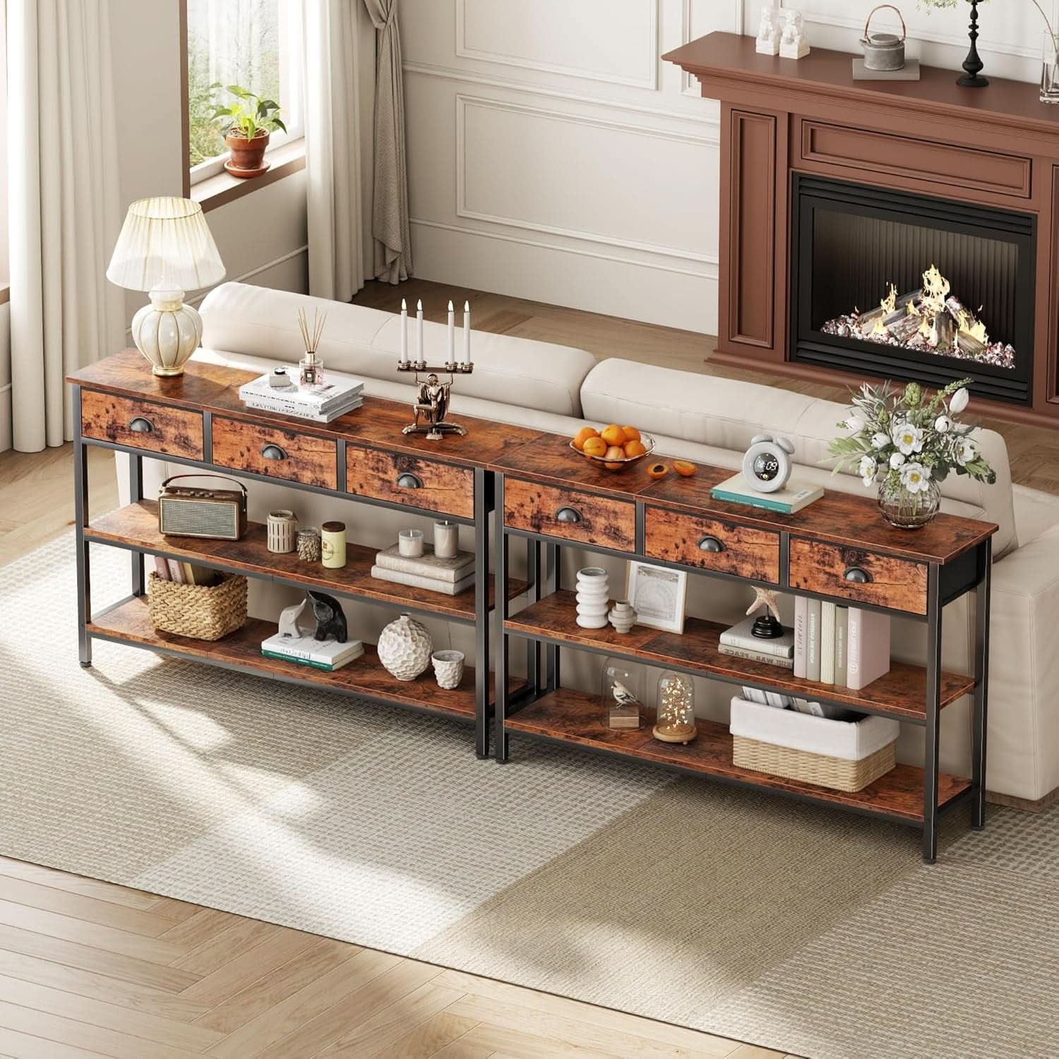 47-Inch Rustic Brown Console Table with 3 Drawers and Storage Shelves
