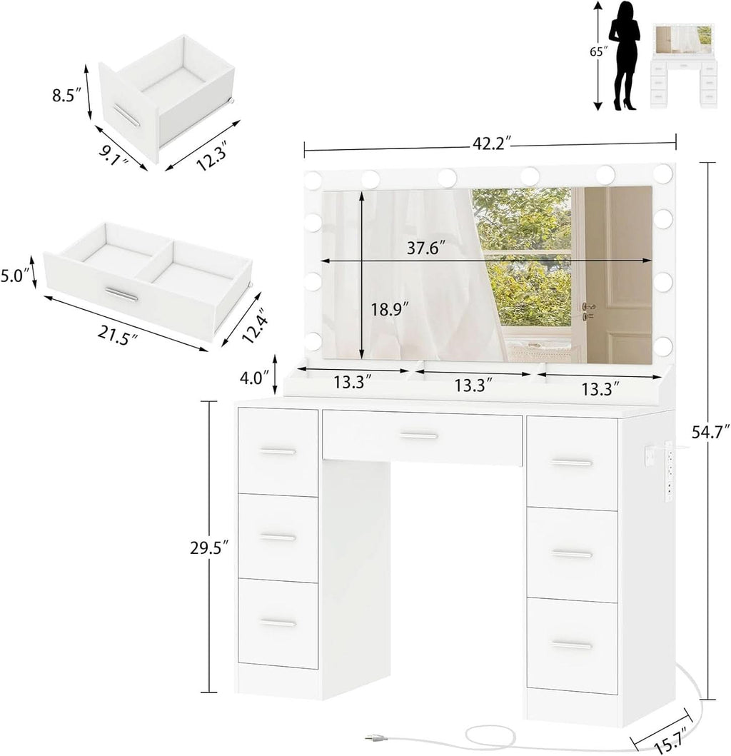 White Vanity Desk With Adjustable Illuminated Mirror