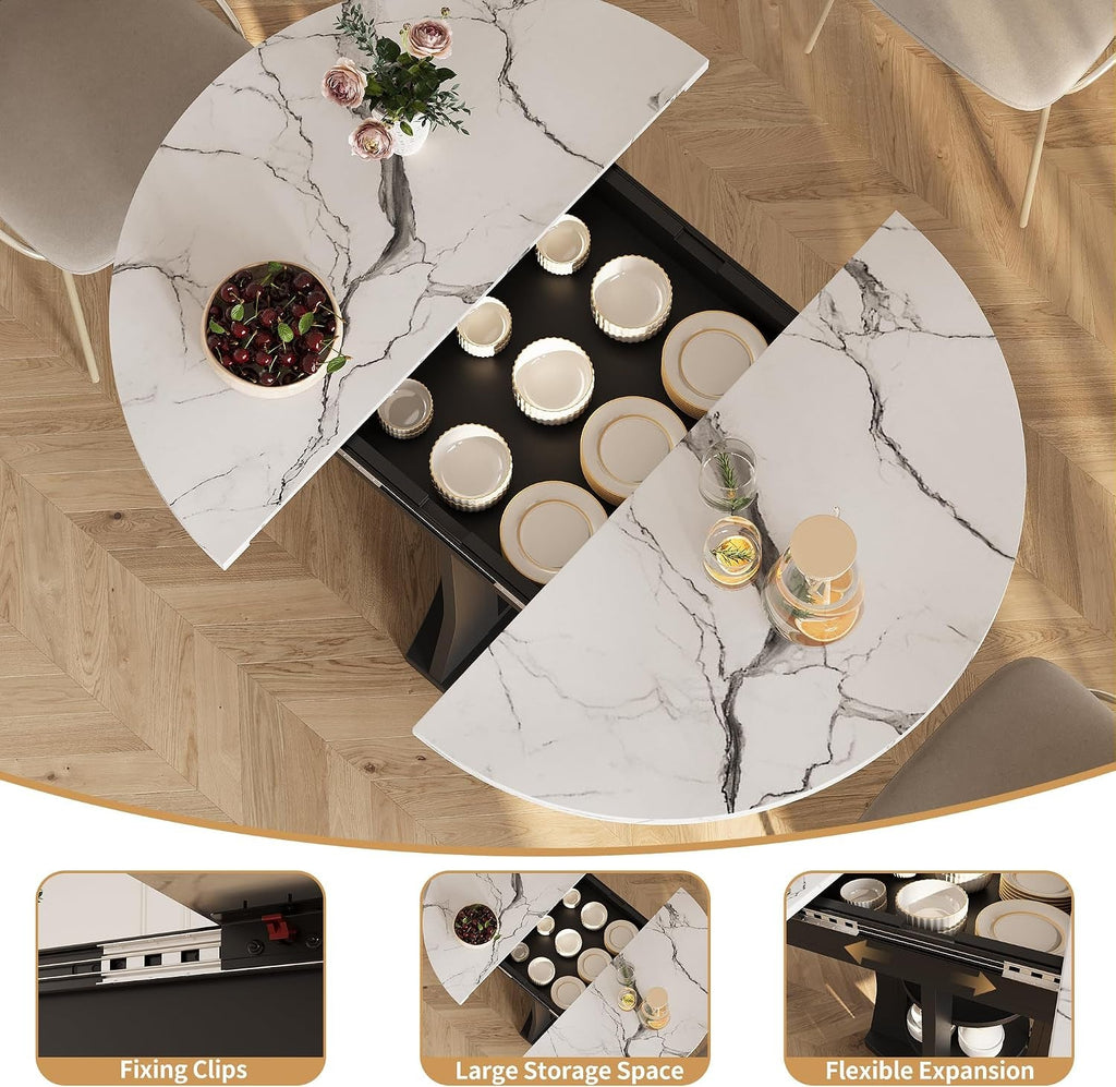 White Marble Extendable Dining Table Circular Convertible
