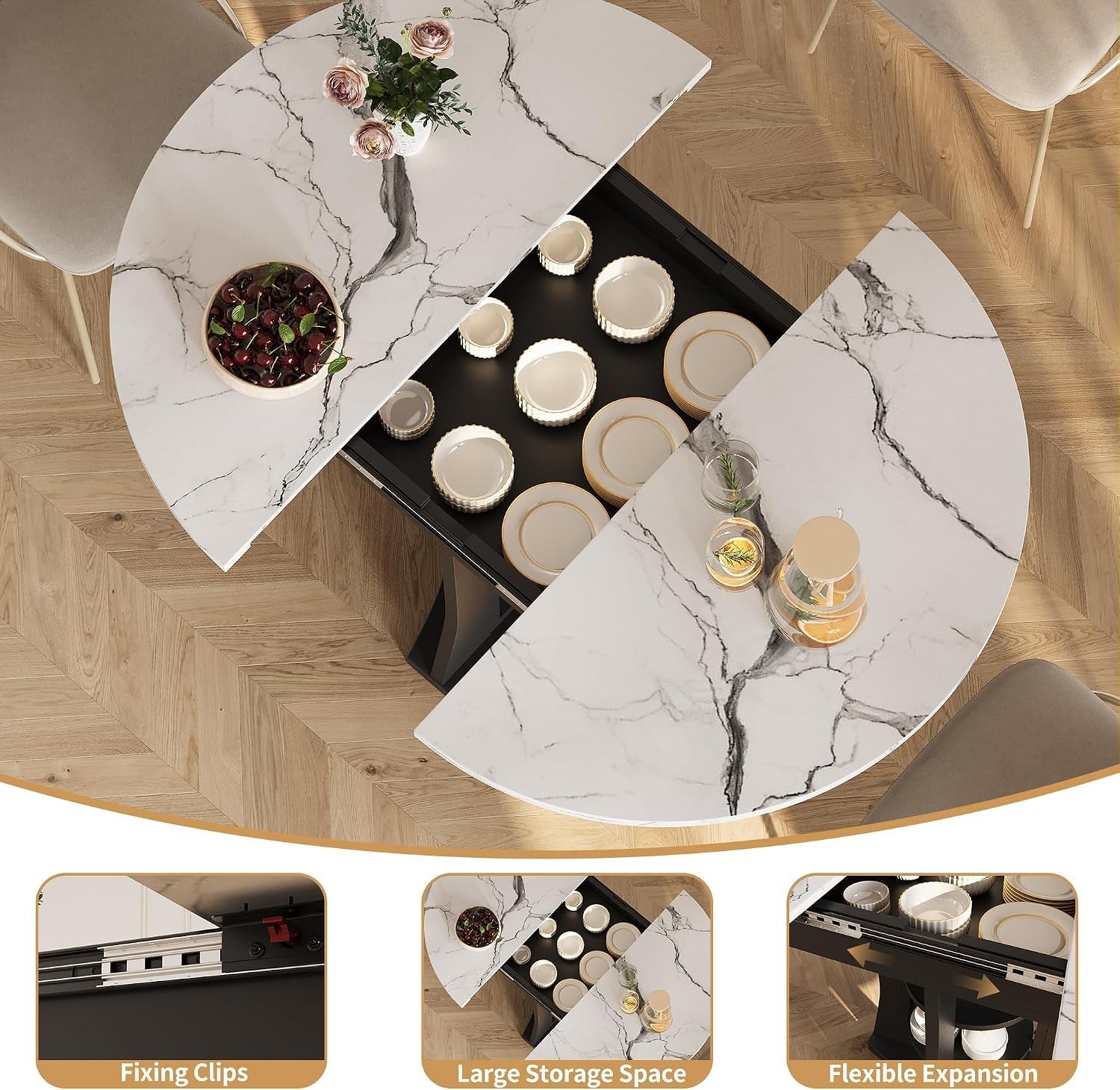White Marble Extendable Dining Table Circular Convertible