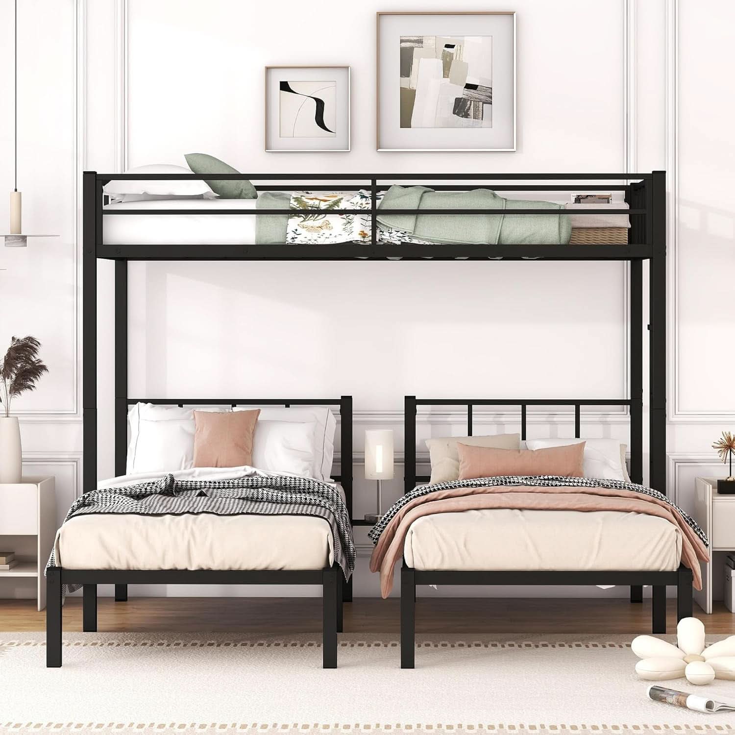 Triple Bunk Bed For Three Kids Built In Desk Black