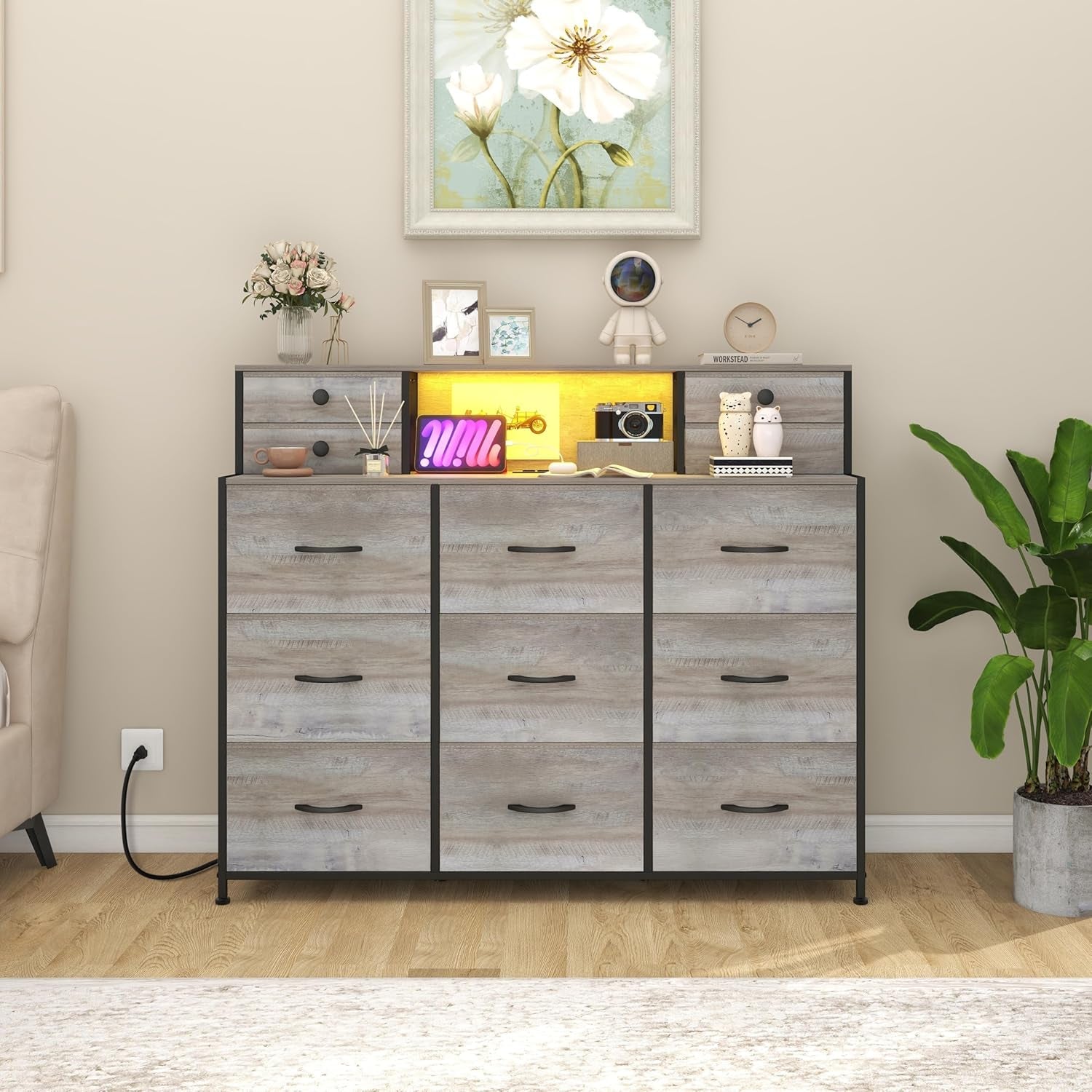 Charcoal Long Dresser With Integrated Power Outlets
