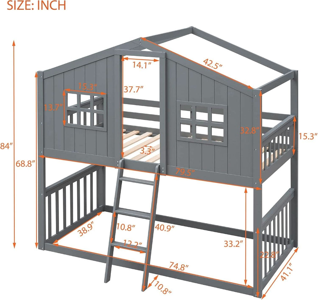 Gray Twin Over Twin House Bunk Bed With Roof For Kids
