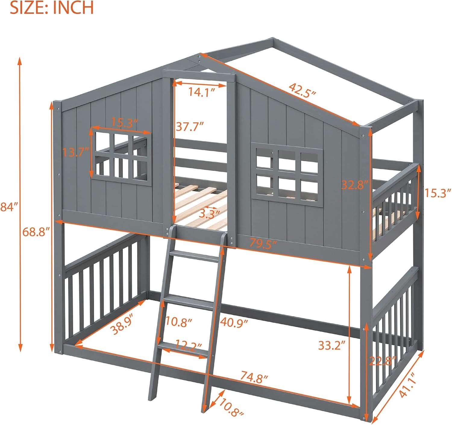 Gray Twin Over Twin House Bunk Bed With Roof For Kids