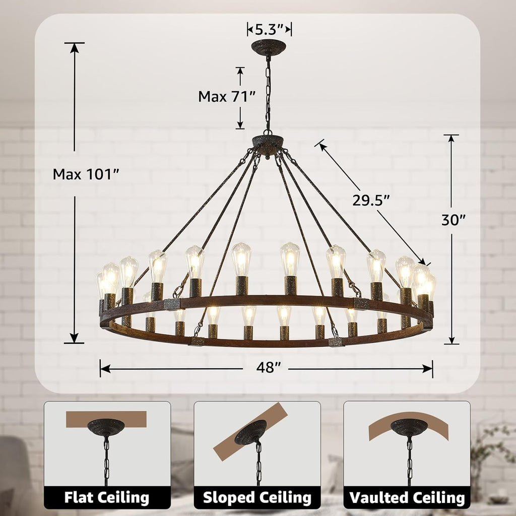 XL Handcrafted Matte Black Walnut Wagon Wheel Chandelier