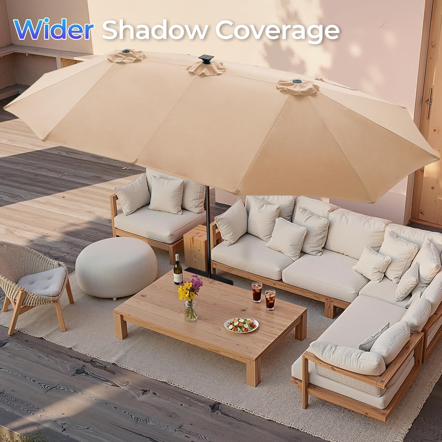 Beige 15Ft Patio Umbrella With Integrated LED Lights