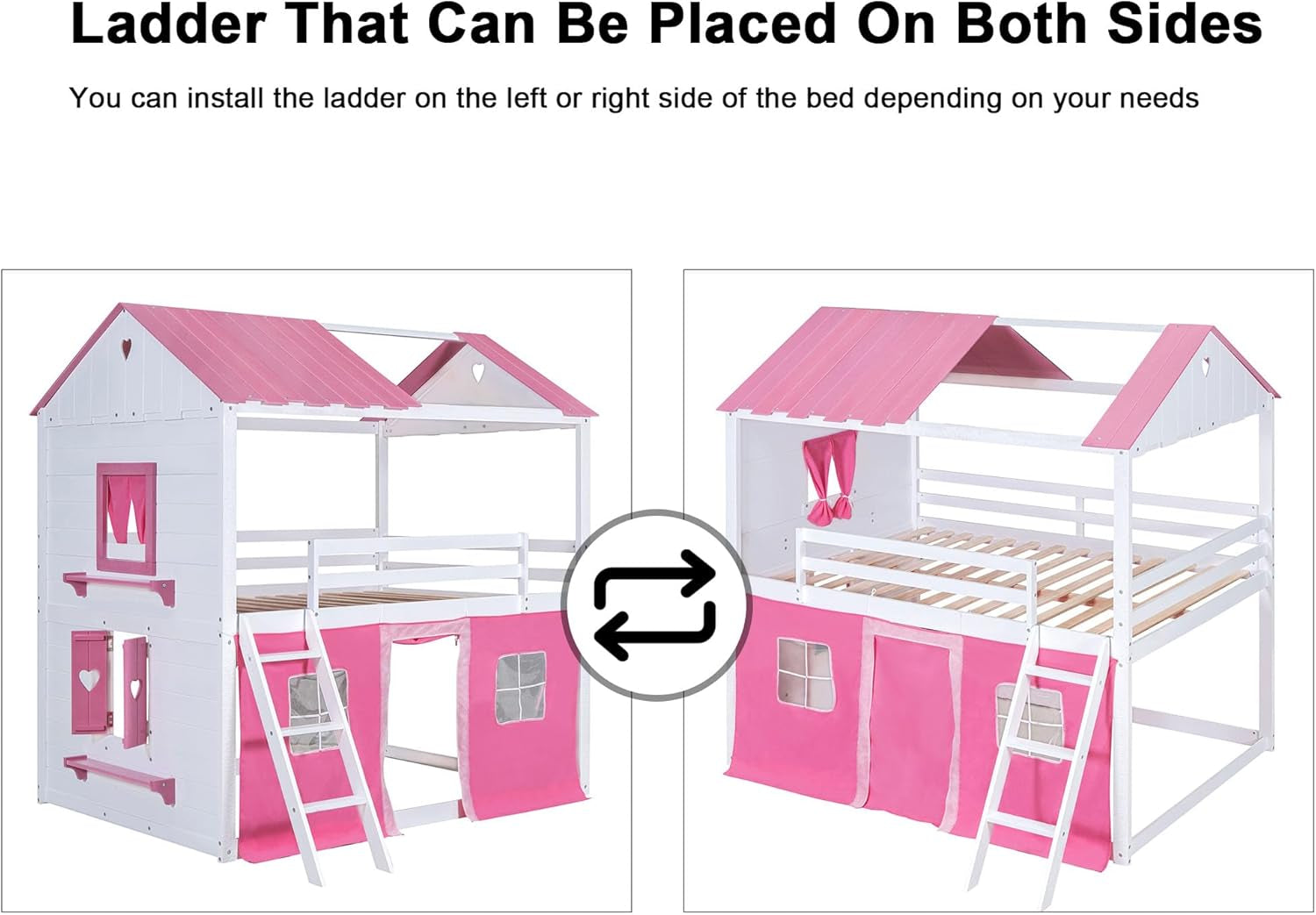 Full Size Furniture Wooden Bunk Bed Pink Playhouse Structure