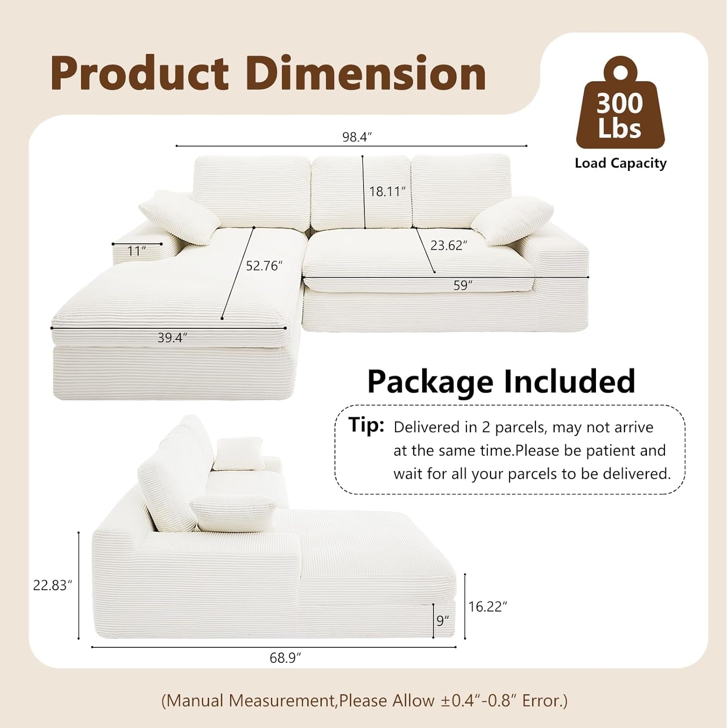 98.4Inch Cloud Modular Sectional Sofa Beige Chaise