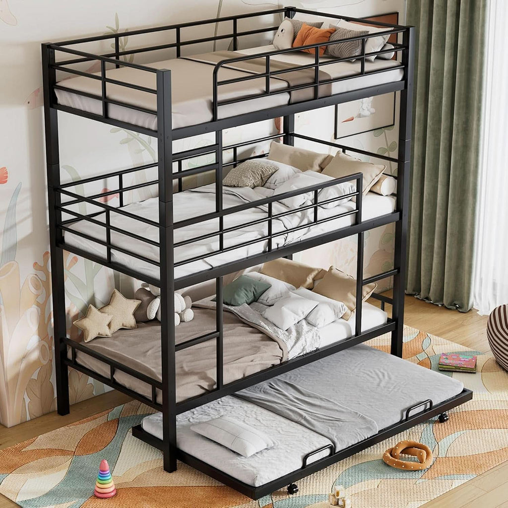 Metal Twin Size Triple Bunk Bed with Trundle, Black for Kids
