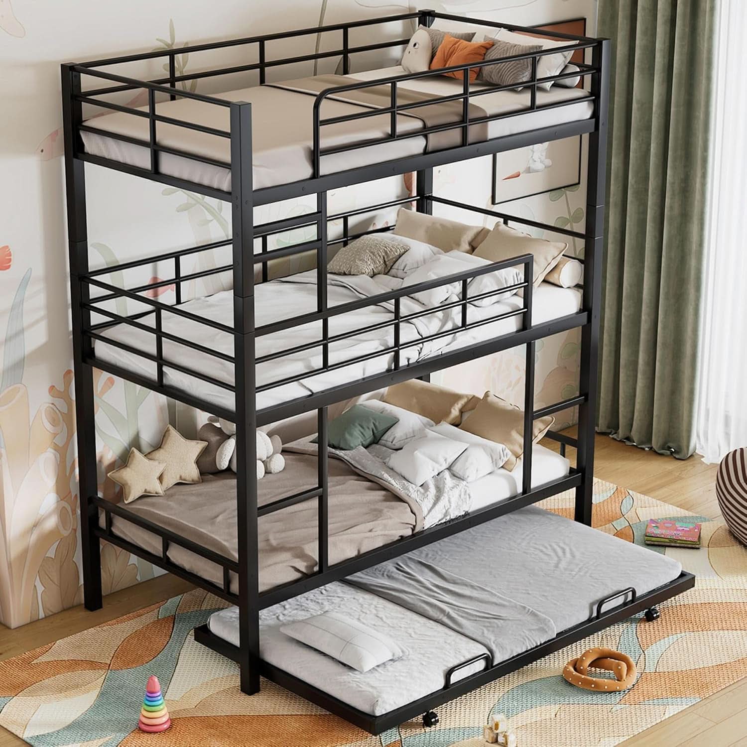 Metal Twin Size Triple Bunk Bed with Trundle, Black for Kids