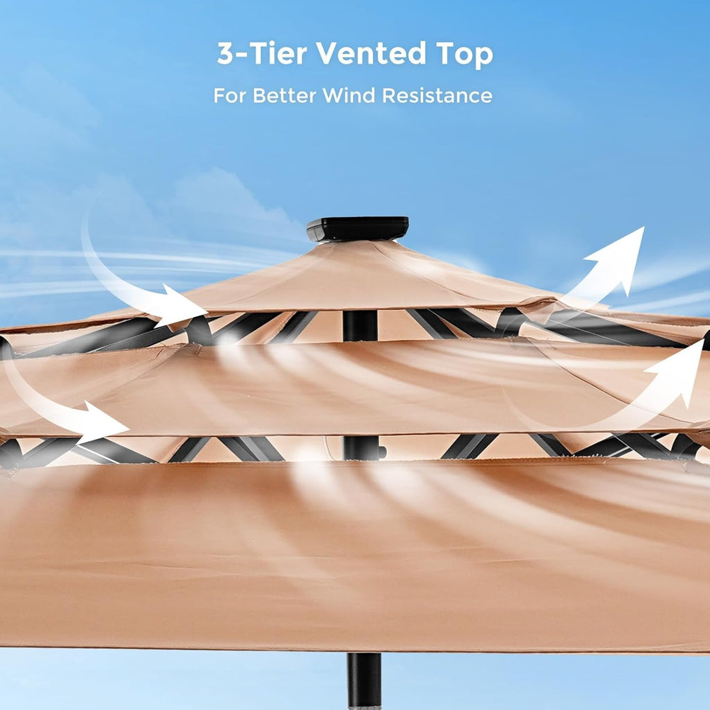 9ft Solar Patio Umbrella Weatherproof LED Lighting