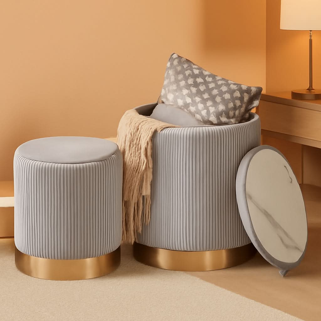Round Storage Ottoman TwoPack Gray Velvet Upholstered