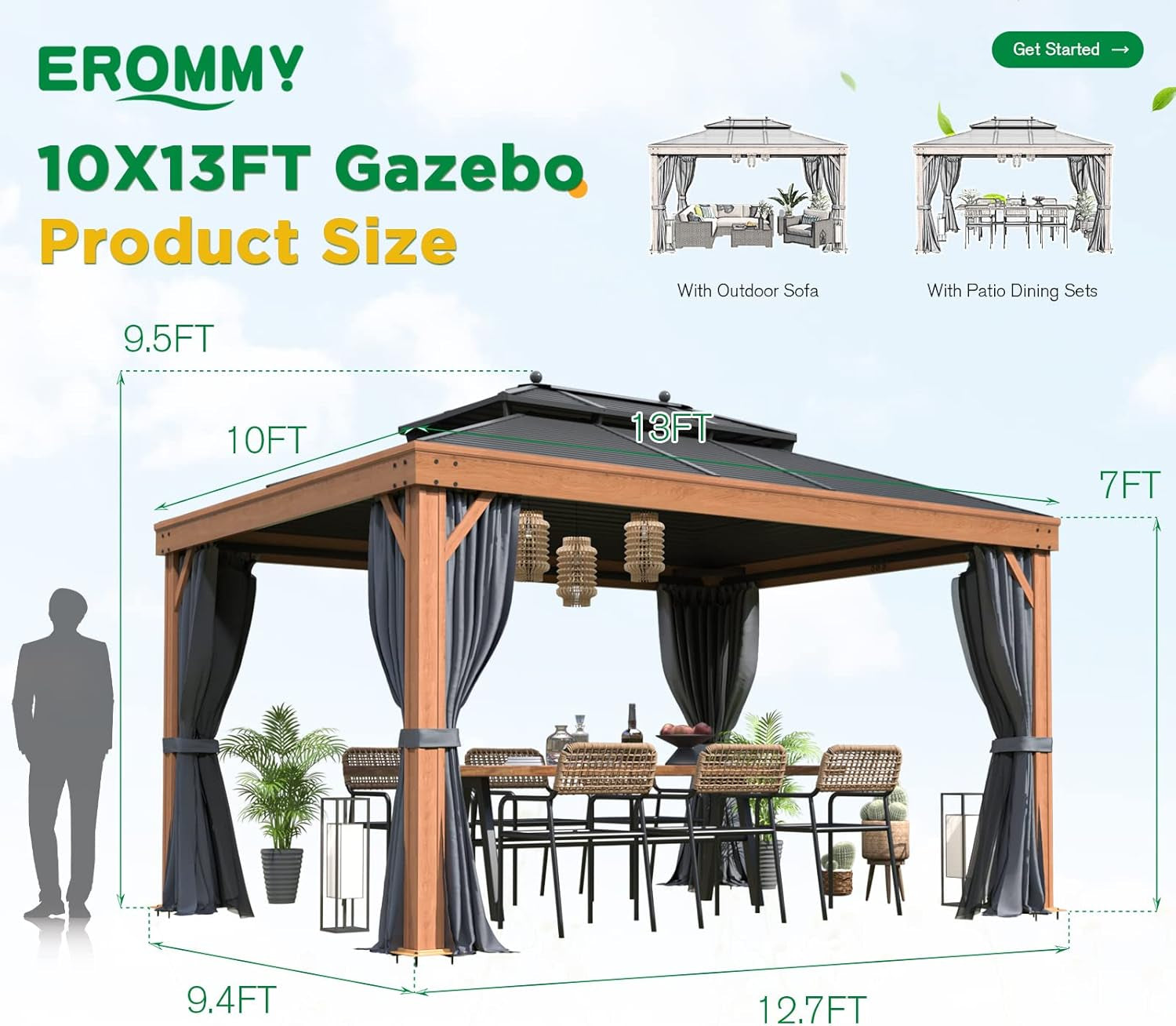 10x13 Outdoor Aluminum Gazebo Hardtop Mosquito Net