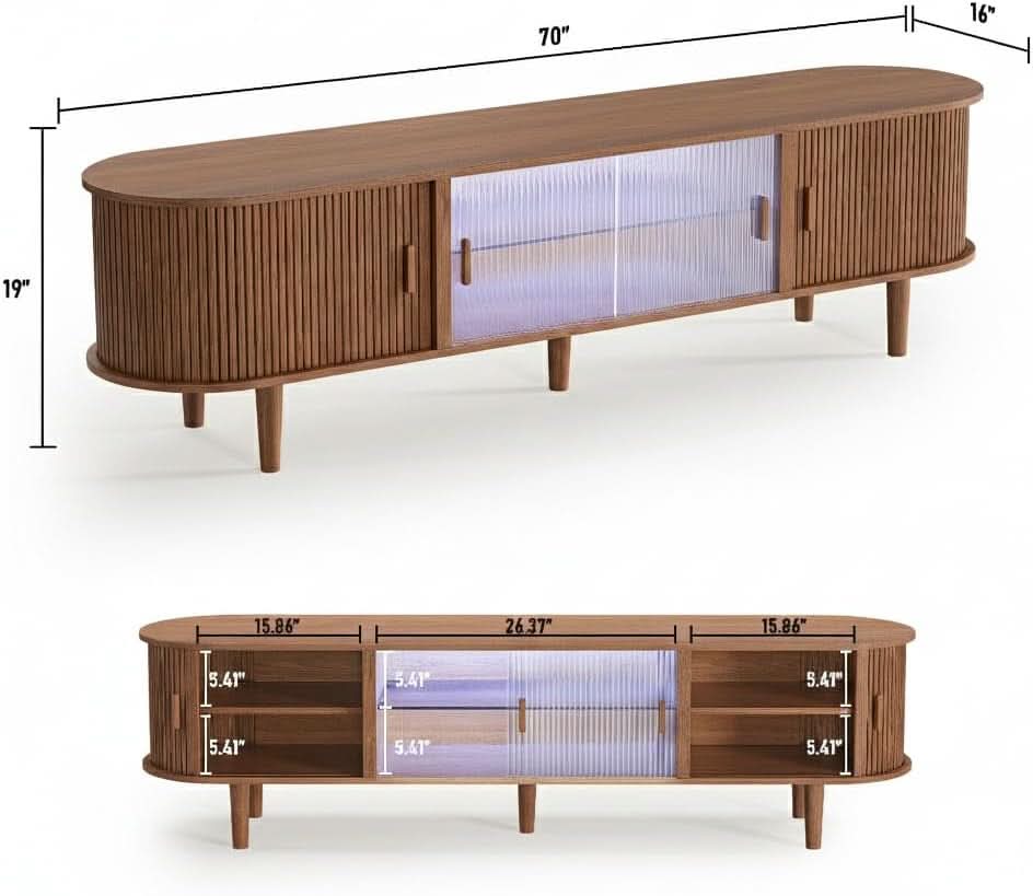 70 Inch Walnut TV Entertainment Center With LED Lighting