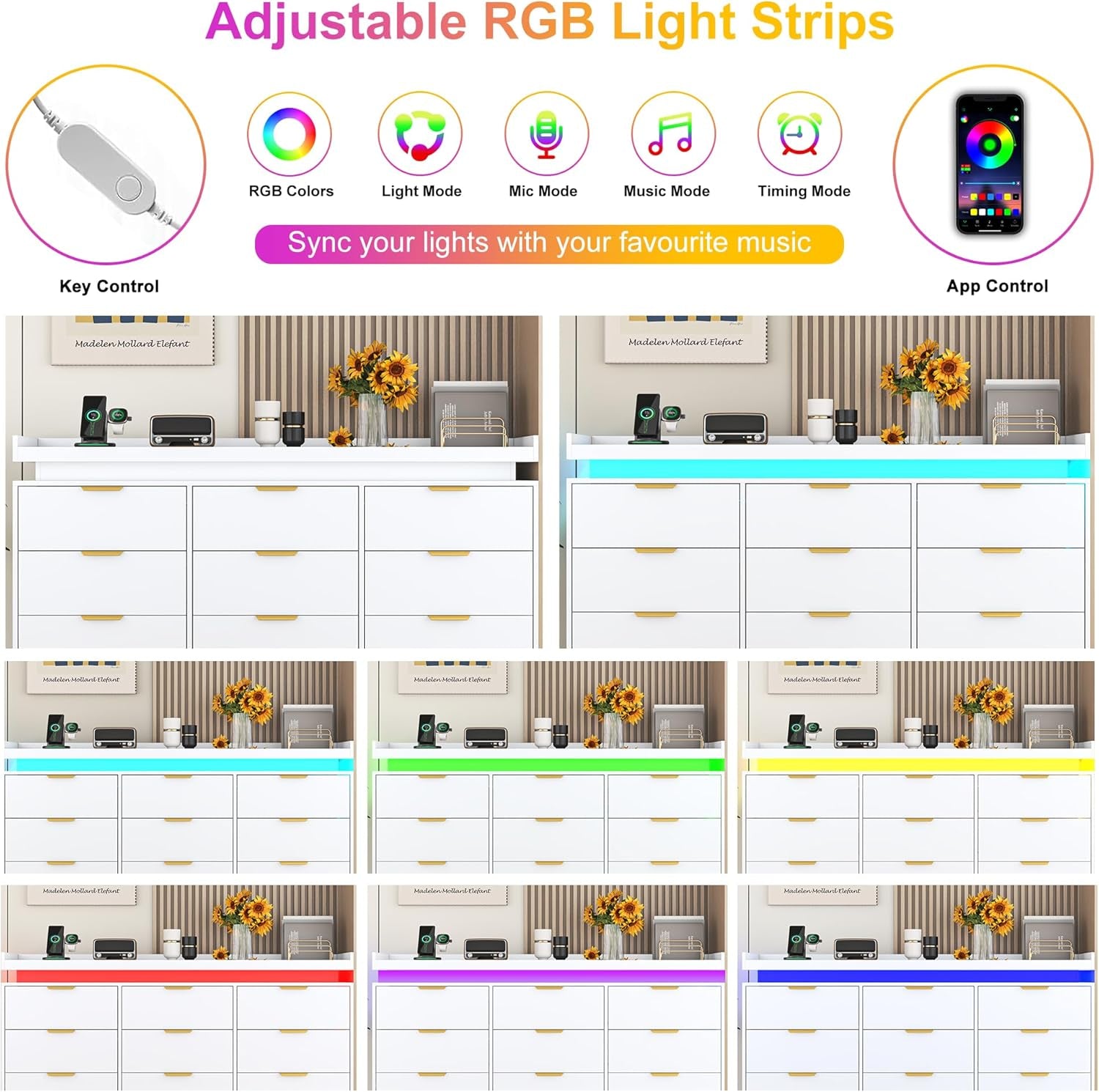 White Dresser With Integrated LED Lighting Charging