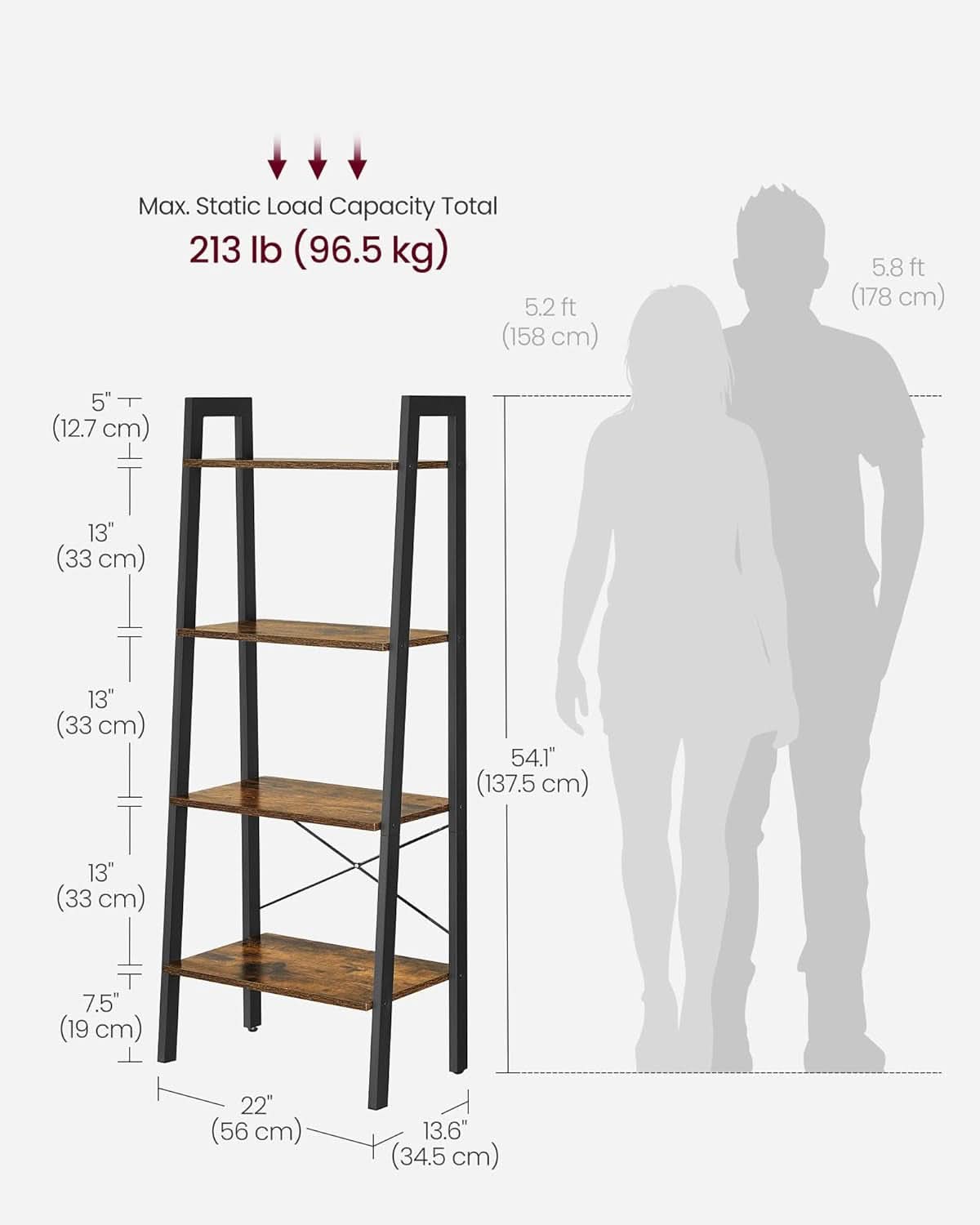 4-Tiered Industrial-Style Ladder Shelf Rustic Brown
