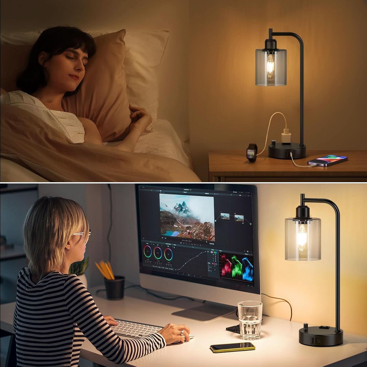 Industrial Desk Lamps 2 Pack Dimmable With USB C Ports