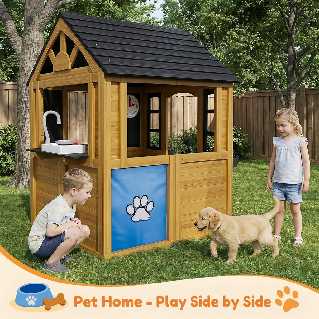 Kids Outdoor Wooden Playhouse With Kitchen Playground