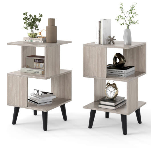 3-Tier Geometric Bookshelf Set of 2 with Open Storage Shelves