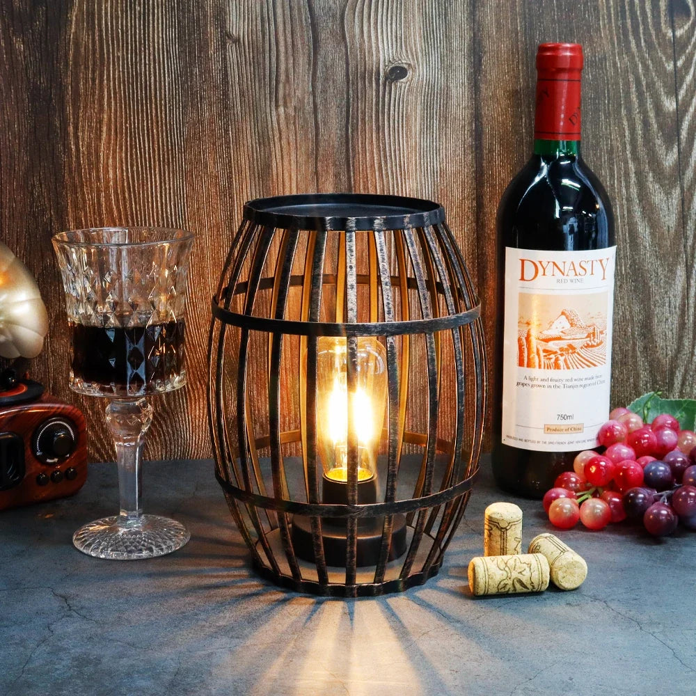 8"H Cordless Metal Wine Barrel Lamp(Black Brushed Gold)