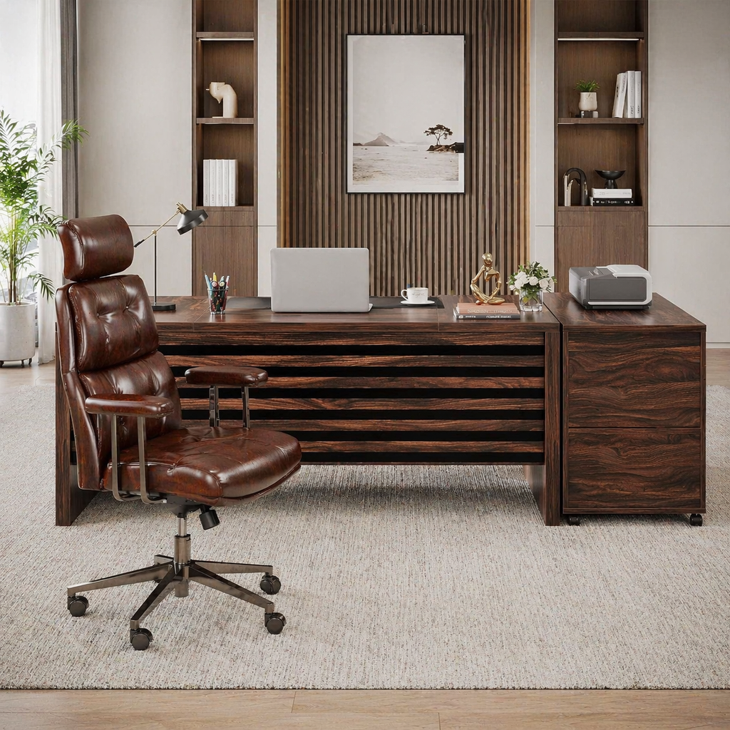 62.2" L-Shaped Executive Desk Set with File Cabinet & Ergonomic High-Back Chair, Brown/Black