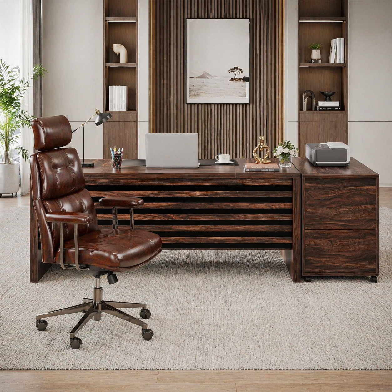 62.2" L-Shaped Executive Desk Set with File Cabinet & Ergonomic High-Back Chair, Brown/Black