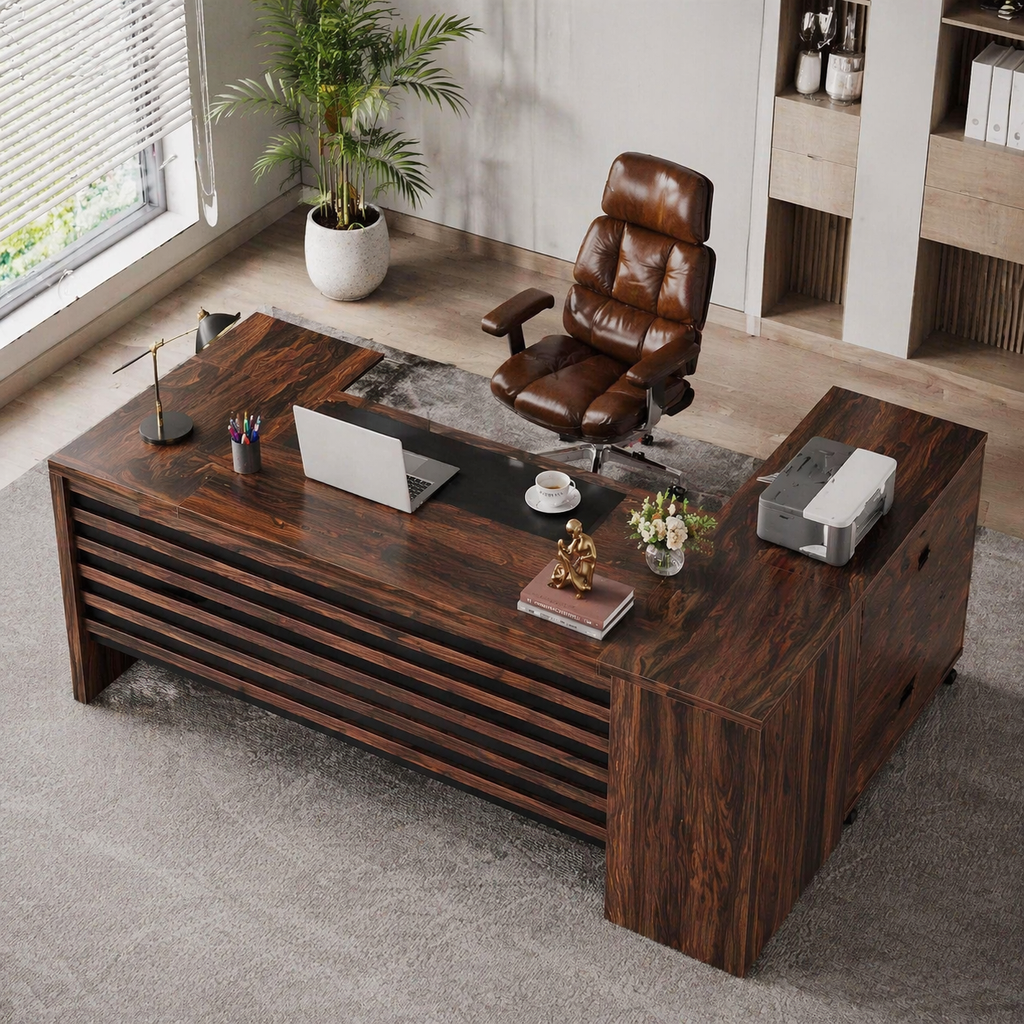 62.2" L-Shaped Executive Desk Set with File Cabinet & Ergonomic High-Back Chair, Brown/Black