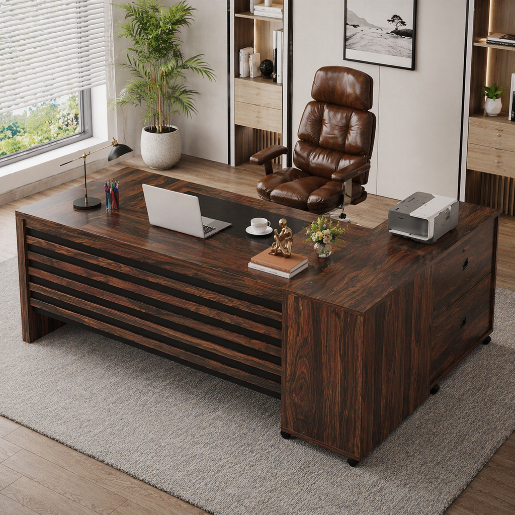 62.2" L-Shaped Executive Desk Set with File Cabinet & Ergonomic High-Back Chair, Brown/Black
