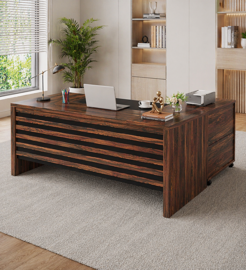 62.2" L-Shaped Executive Desk Set with File Cabinet & Ergonomic High-Back Chair, Brown/Black
