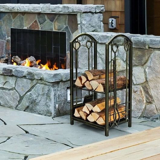 Fireplace Log Rack with 4 Tools Set Fireside Firewood Holder