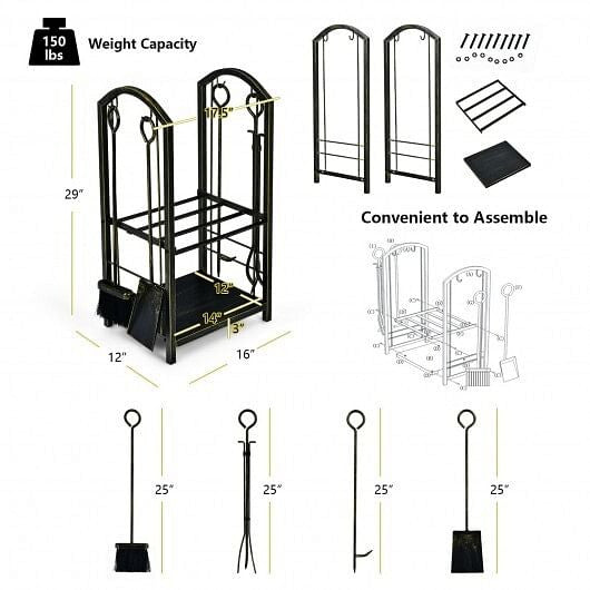 Fireplace Log Rack with 4 Tools Set Fireside Firewood Holder