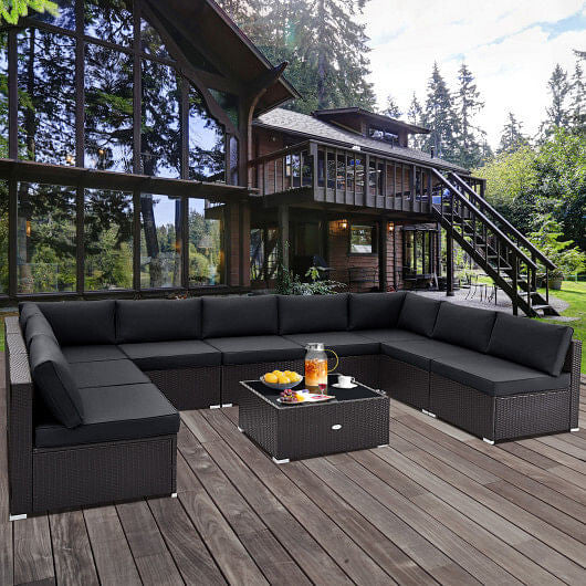 10 Piece Outdoor Wicker Conversation Set with Seat and Back Cushions-Navy