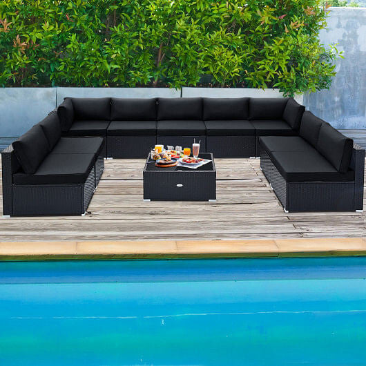 10 Piece Outdoor Wicker Conversation Set with Seat and Back Cushions-Navy
