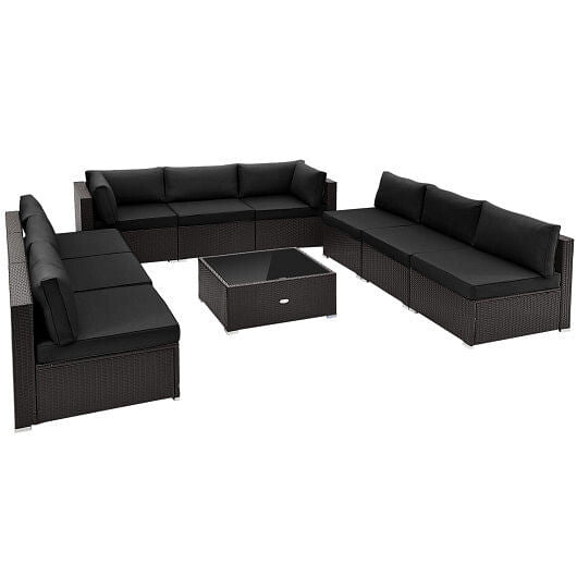 10 Piece Outdoor Wicker Conversation Set with Seat and Back Cushions-Navy