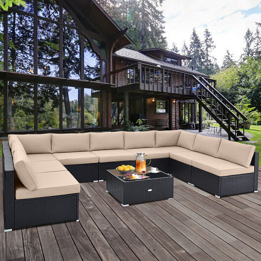10 Piece Outdoor Wicker Conversation Set with Seat and Back Cushions-Navy