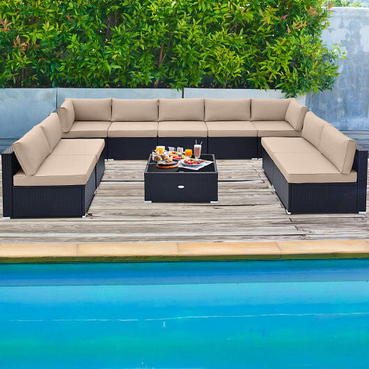10 Piece Outdoor Wicker Conversation Set with Seat and Back Cushions-Navy