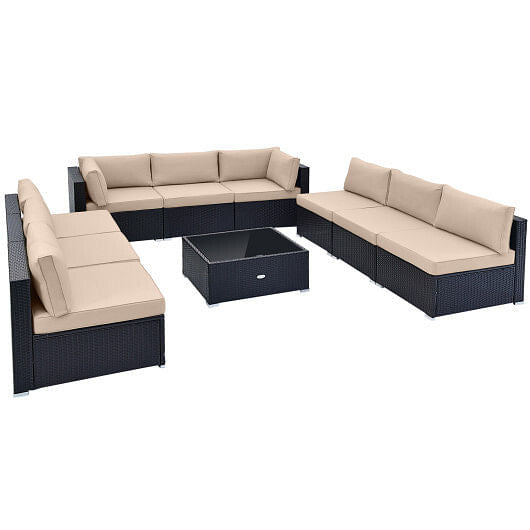 10 Piece Outdoor Wicker Conversation Set with Seat and Back Cushions-Navy