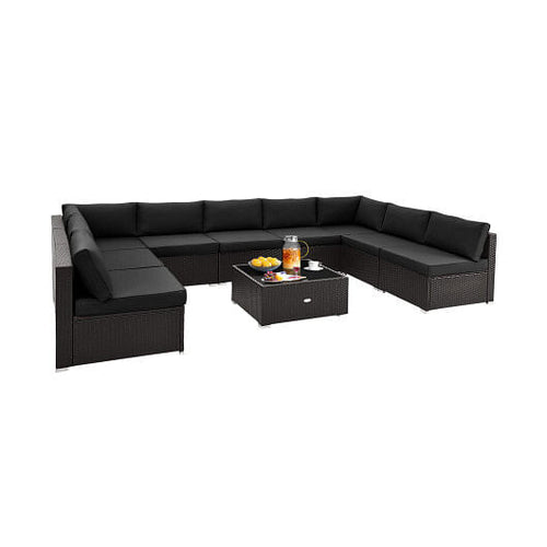 10 Piece Outdoor Wicker Conversation Set with Seat and Back Cushions-Navy