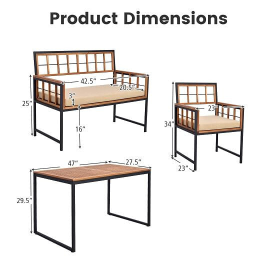 4 Pieces Acacia Wood Patio Dining Set with 1 Rectangular Table-Natural