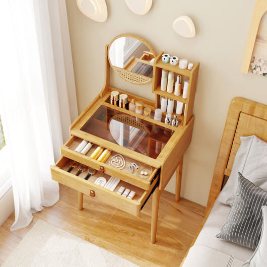 Small Vanity Desk and Stool Set with Mirror and 2 Drawers