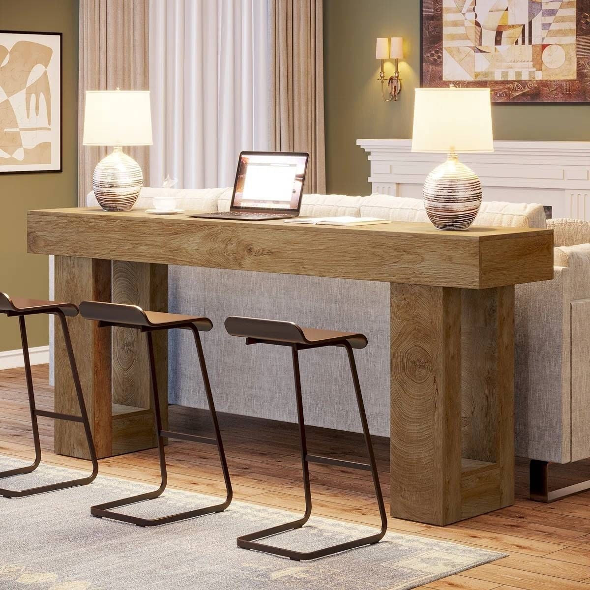 Modern Farmhouse 63-inch Long Narrow Console Sofa Table in Natural Wood Finish