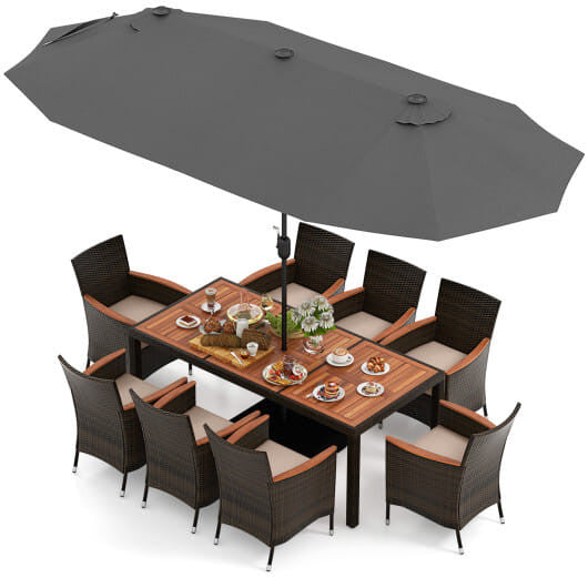 11 Pieces Patio Dining Set with 15 Feet Double-Sided Patio Umbrella and Base-Orange